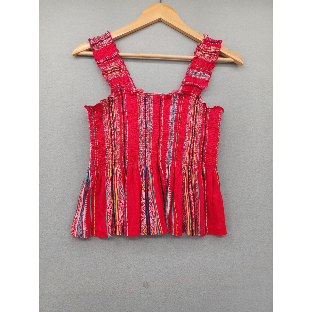 Conditions Apply Smocked Tank Top Red Tribal Print Peplum Blouse Small Boho Sexy